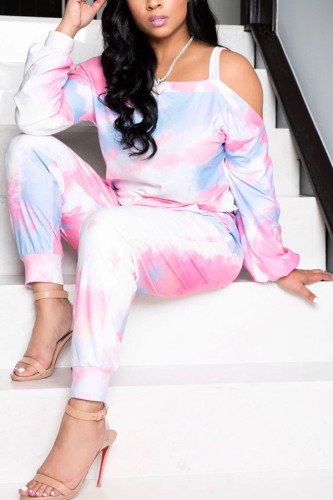 Pink knit Casual Print Tie Dye Straight Long Sleeve Two Pieces