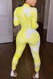 Macacão amarelo moda sexy estampado tingido de manga comprida O decote