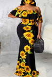 Black Sexy Off The Shoulder Short Sleeves Wrapped chest Swagger Floor-Length Print Floral Ombre Dresses