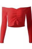Red One word collar Long Sleeve Solid Slim fit Patchwork crop top 
