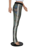 Pantaloni a matita con paillettes a righe elastiche color argento