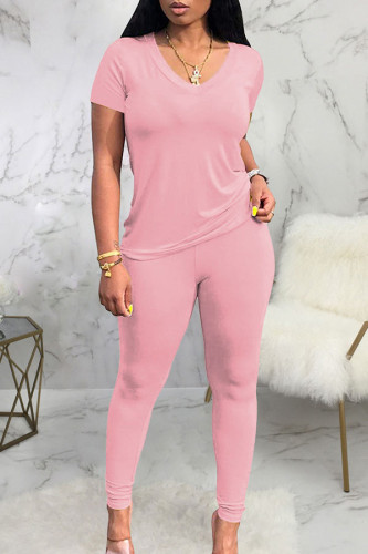 Pink Fashion Sexy Erwachsene Ma'am Solid Two Piece Suits Pencil Short Sleeve Two Pieces