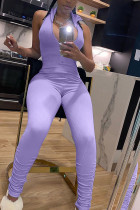 фиолетовый сексуальный уличный сплошной драпированный комбинезон без рукавов с отложным воротником
