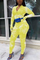 Macacão amarelo moda sexy estampado tingido de manga comprida O decote