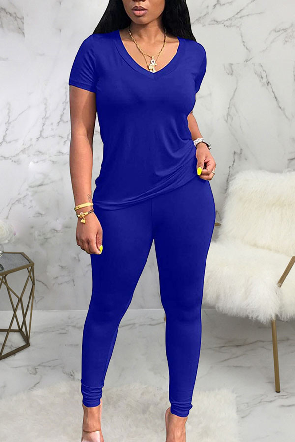 Blaue Mode Sexy Erwachsene Ma'am Solid Two Piece Suits Pencil Short Sleeve Two Pieces