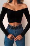 Red One word collar Long Sleeve Solid Slim fit Patchwork crop top 