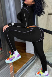 Black knit Active Casual Patchwork Solid Two Piece Suits Straight Long Sleeve Two Pieces