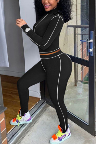 Black knit Active Casual Patchwork Solid Two Piece Suits Straight Long Sleeve Two Pieces