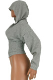 Grey hooded Long Sleeve Solid Zippered Tops