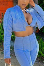 Светло-голубой модный сексуальный воротник-стойка с длинным рукавом из джинсовой ткани
