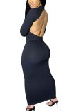 Black Europe and America OL Long Sleeves O neck Step Skirt Ankle-Length Solid backless Dresses