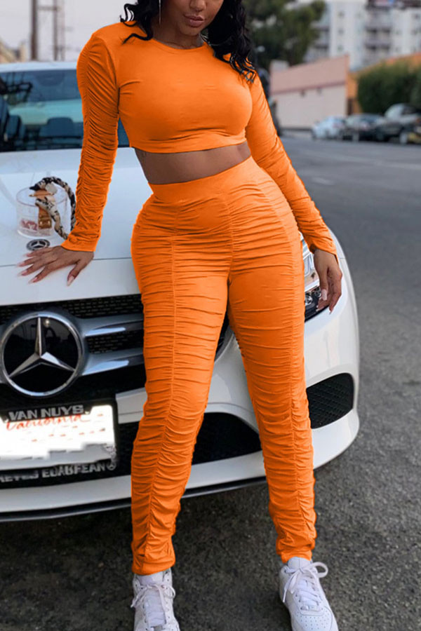 Arancione moda casual adulto signora solido drappeggiato due pezzi matita manica lunga due pezzi