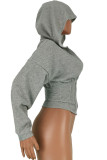 Black hooded Long Sleeve Solid Zippered Tops