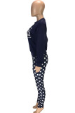 Red Blends Casual Dot Letter Patchwork Print pencil Long Sleeve Two Pieces