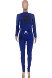 Royal blue Blends Sexy Print Two Piece Suits pencil Long Sleeve Two Pieces