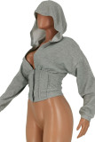 Grey hooded Long Sleeve Solid Zippered Tops