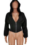 Black hooded Long Sleeve Solid Zippered Tops