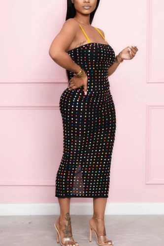 Black Fashion Sexy adult Ma'am Spaghetti Strap Sleeveless Slip Step Skirt Mid-Calf diamonds Dresses
