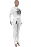 White Blends Sexy Print Two Piece Suits pencil Long Sleeve Two Pieces