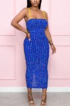 Blue Fashion Sexy adult Ma'am Spaghetti Strap Sleeveless Slip Step Skirt Mid-Calf diamonds Dresses