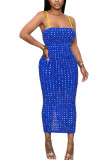 Синяя модная сексуальная взрослая мэм-спагетти на бретельках без рукавов скользящая ступенчатая юбка до середины икры с бриллиантами платья