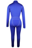 Royal blue knit Active Casual Patchwork Solid Two Piece Suits Straight Long Sleeve Two Pieces