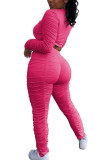 розово-красный модный повседневный взрослый мэм однотонный драпированный костюм из двух предметов карандаш с длинным рукавом из двух предметов
