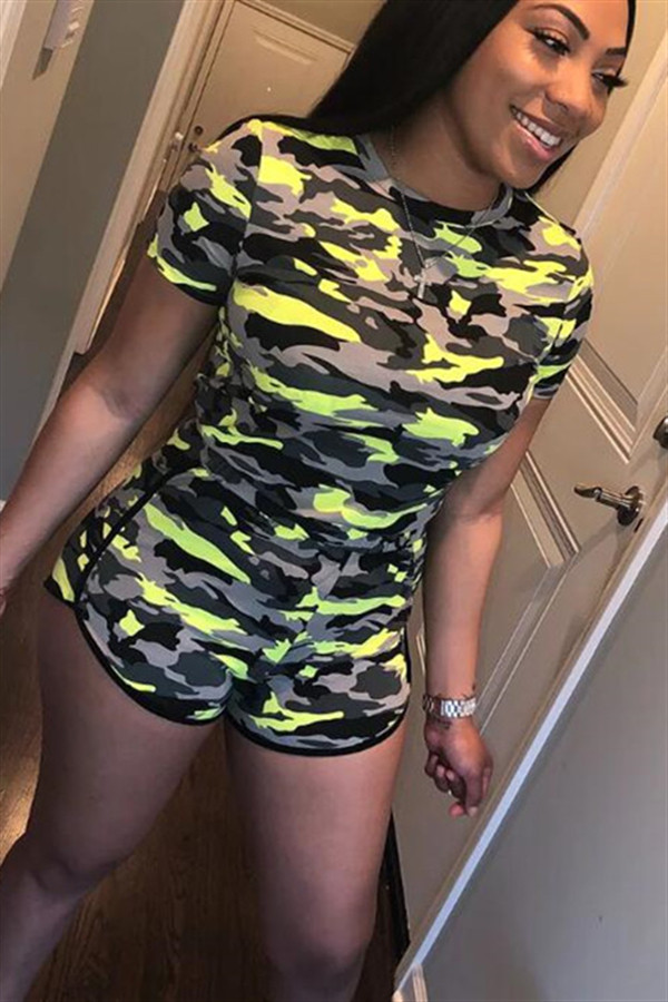 Camouflage Sexy Fashion Casual Fluorescent Print Patchwork Straight Short Sleeve Two-Piece Short Set