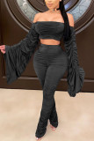 Black Fashion Sexy Adult Solid Patchwork Fold Bateau Neck Long Sleeve Off The Shoulder Short Two Pieces
