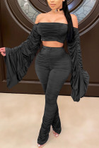 Black Fashion Sexy Adult Polyester Solid Split Joint Fold Bateau Neck Long Sleeve Off The Shoulder Short Two Pieces