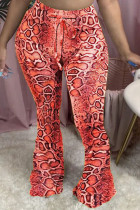 Red Casual Daily Cotton Animal Print Print Leopard With Belt Bottoms
