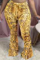 Yellow Casual Daily Cotton Animal Print Print Leopard With Belt Bottoms