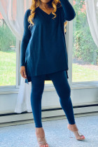 Blue Fashion Casual Adult Milk Fiber Solid V Neck Long Sleeve Cap Sleeve Longer In The Rear Two Pieces