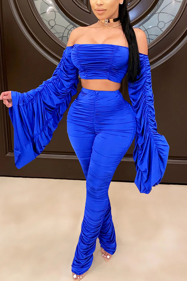 Blue Fashion Sexy Adult Solid Patchwork Fold Bateau Neck Long Sleeve Off The Shoulder Short Two Pieces
