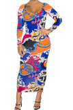 цвет мода сексуальный взрослый молочный волокно печати U шеи с длинным рукавом до щиколотки юбка-карандаш платья