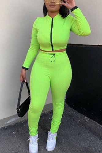 Fluorescent green Fashion British Style Adult Solid Draw String O Neck Long Sleeve Cap Sleeve Short Two Pieces
