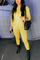 Yellow Fashion Casual Adult Polyester Solid O Neck Long Sleeve Cap Sleeve Regular Two Pieces