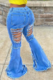 Calça jeans azul fashion casual adulto rasgado cintura média com corte de bota