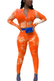 Orange Sexy décontracté imprimé Tie-dye col rond manches longues court deux pièces