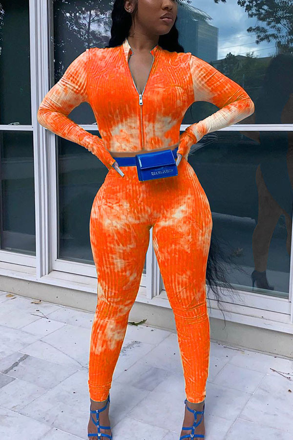 Oranje Sexy Casual Print Tie-dye O-hals Lange Mouwen Korte Twee Stukken
