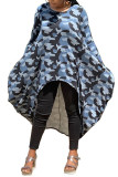 Blue Fashion Daily Adult Milk Fiber Camouflage Print O Neck Long Sleeve Ankle Length Asymmetrical Dresses