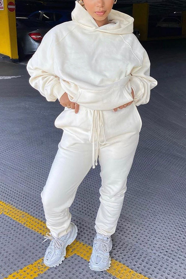 Bianco Abbigliamento sportivo Nylon Solid tasca collo con cappuccio manica lunga manica normale due pezzi