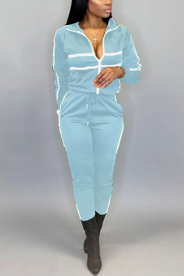 Azul casual roupas esportivas misturas listrado retalhos impressão sólida retalhos com zíper gola manga longa regular duas peças