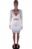 White Twilled Satin Patchwork Solid Pierced Hollowed Out Patchwork Basic Long Sleeve Mini Wrapped Skirt Dresses