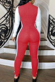 Red Fashion Casual Adult Pit Article Fabrics Patchwork Solid Patchwork O Neck Skinny Jumpsuits