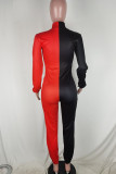 Zwart en rood sexy patchwork skinny jumpsuits met o-hals