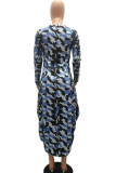 Blue Fashion Daily Adult Milk Fiber Camouflage Print O Neck Long Sleeve Ankle Length Asymmetrical Dresses