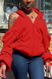 Roter Street Solid-Cardigan mit ausgehöhltem Kragen und Kapuzenkragen