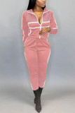 Pink Casual Sportswear Blends Striped Patchwork Print Solid Patchwork Zipper Collar Long Sleeve Regular Sleeve Regular Two Pieces
