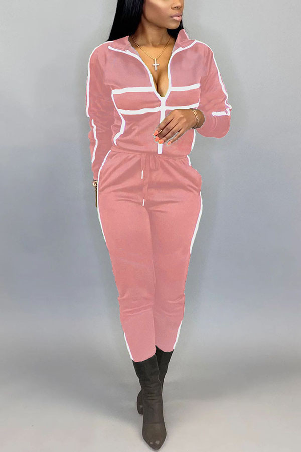 Rosa casual roupas esportivas misturas listrado retalhos impressão sólida retalhos com zíper gola manga longa regular duas peças